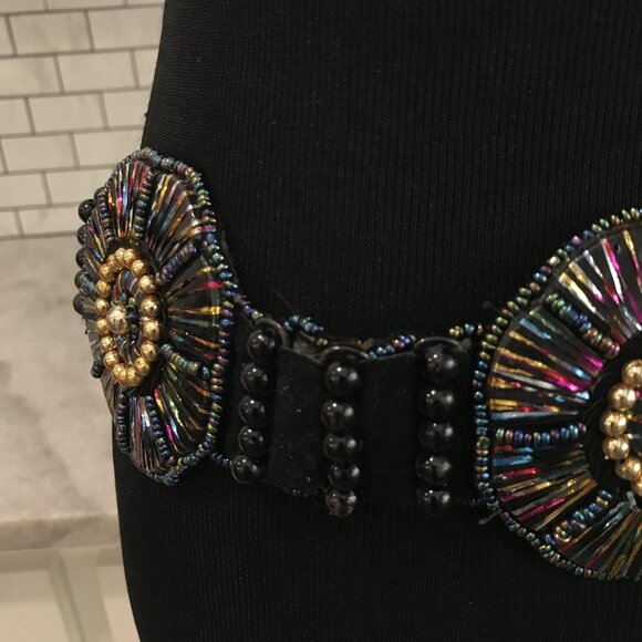 Beaded Medallion Belt Womens One Size Black Elastic Boho Statement Iridescent - Picture 3 of 7